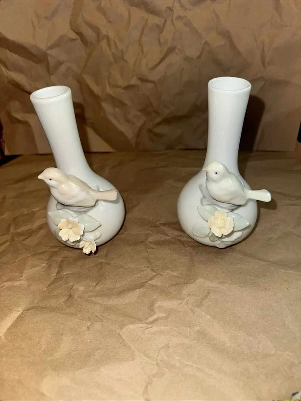 1985 Porcelain Bird Bud Vases in White - Set of 2 made in Taiwan